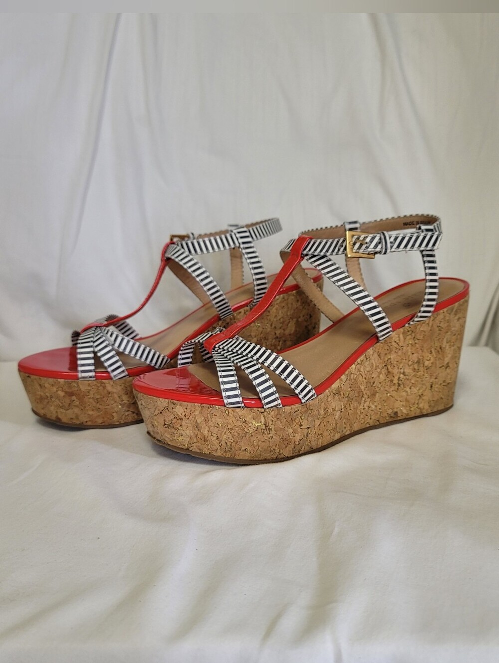 kate spade Red Toe Wedge Sandals with Black and White Striped Straps Sz 7
